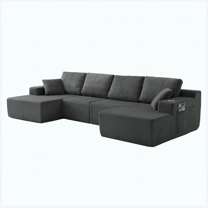Canapé modulaire en forme de U avec méridienne et canapé modulaire en velours côtelé de 130 po, Grey Fabric