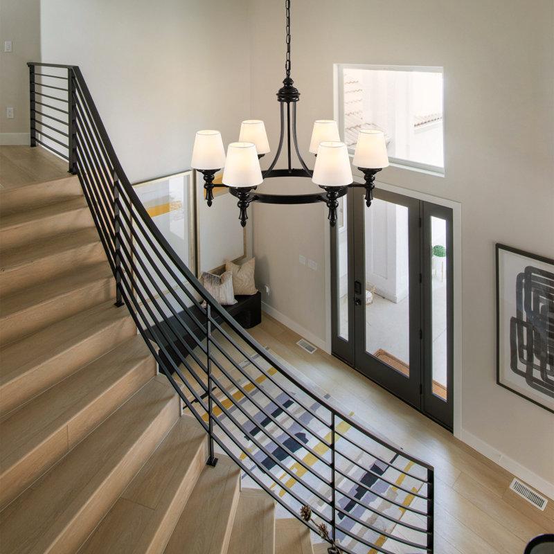 6 Light Classic Farmhouse Wagon Wheel Chandelier With White Shade For Dining Room & Living Room - Dimmable Lighting
