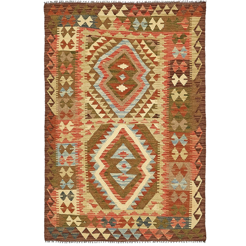 Tapis de zone en laine beige/brun/vert/rouge 3 pi 3 po x 4 pi 11 po one-of-kind à la main noué la Doorfield