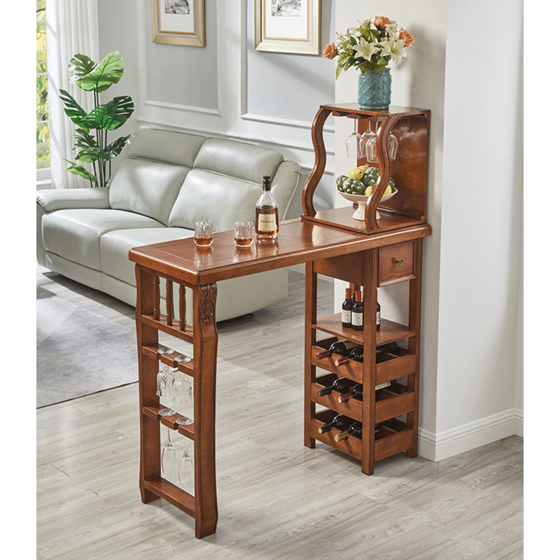 Table de bar vintage en bois massif avec support à vin et porte-verre,  60.24"H x 47.24"L x 17.72"W