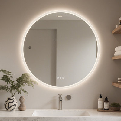 Miroir de salle de bain rond à DEL avec haut-parleur Bluetooth, miroir trempé, intensité variable, antibuée, commande tactile