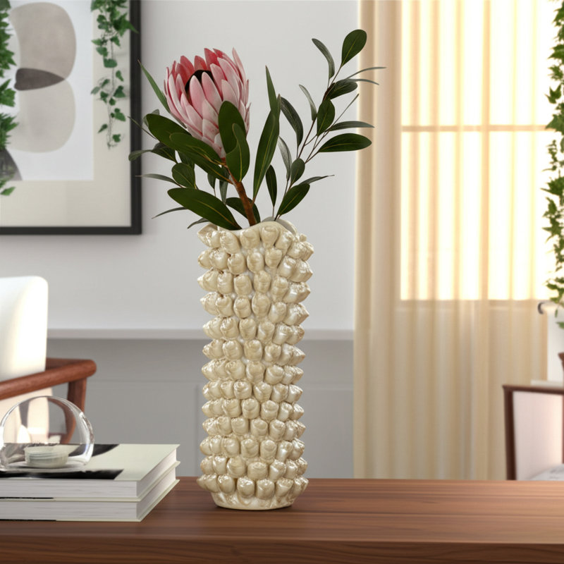 Ceramic Decorative Vase with Textured Floral Design Modern Accent for Home Decor, 16", Yellow