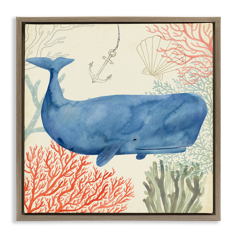 Aquarelle de baleine fantaisiste sous l'eau, H 18 po x l 18 po, Cadre flottant orme Montalcino