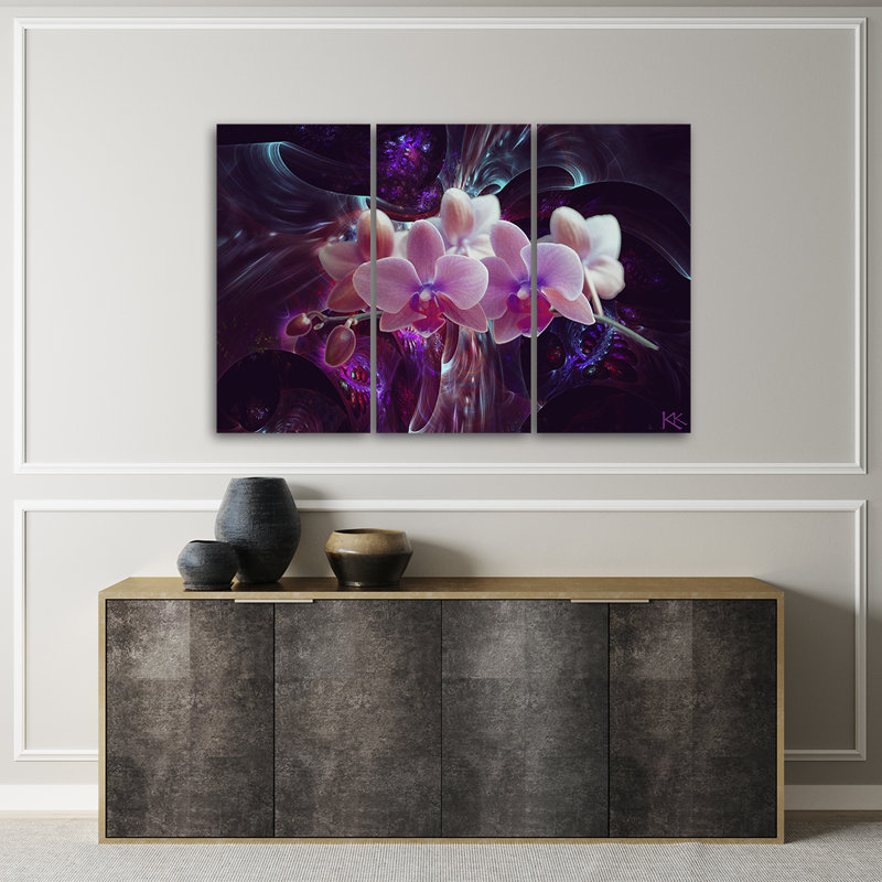 White Orchid On A Dark Background - 3 Piece Wrapped Canvas Print Set, 60cm H x 90cm W