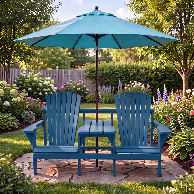 Adirondack Double Seater - Pressure Treated and cured Solid Wood with Built-In Table & 1-5/8" Umbrella Hole, Atlantic Blue
