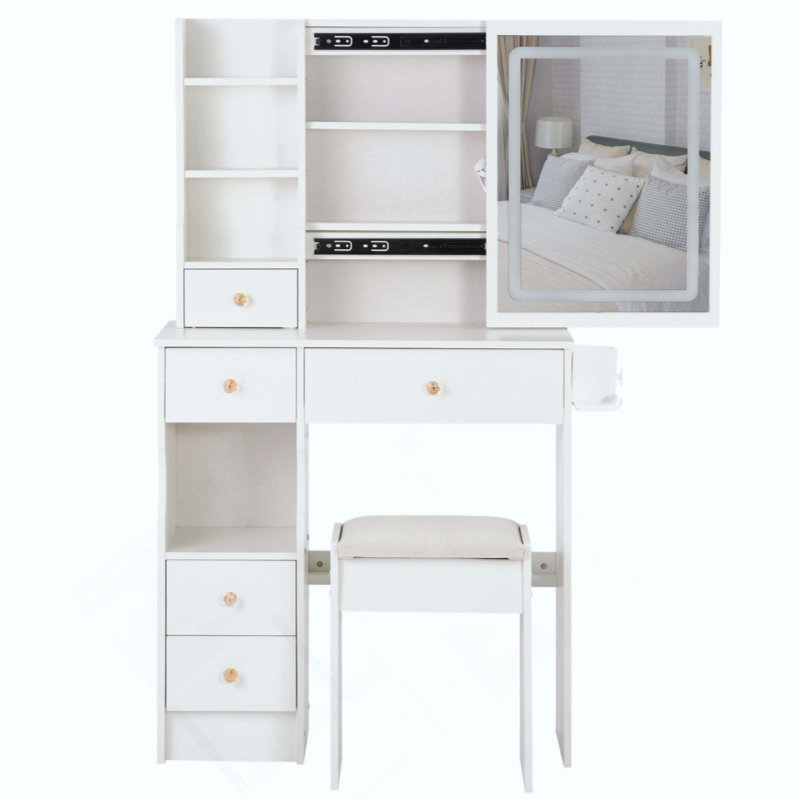 Petite coiffeuse avec tiroir de gauche et tabouret rembourré, 2 blocs d'alimentation AC + 2 USB, support pour sèche-cheveux, très grand miroir à DEL coulissant à contrôle tactile, changement de couleur, réglage de la luminosité