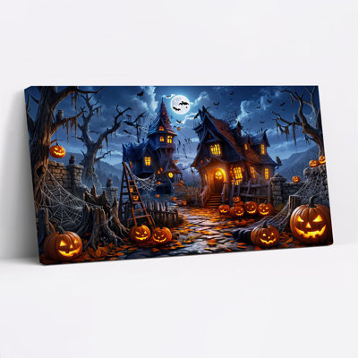 Haunted Houses With Glowing Pumpkins Under Blue Halloween Canvas Wall Art