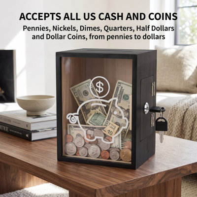 Lockable Wood Donation Box with Clear Acrylic Window, Black Tip Money Savings Piggy‑Bank Style Container, Secure Suggestion Fundraising Box for Home, Office and Charity