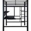 Lit mezzanine en métal noir avec espace de travail, plateau à clavier et tablettes de rangement pour lit de poste de travail double, espace de travail combinant les fonctions