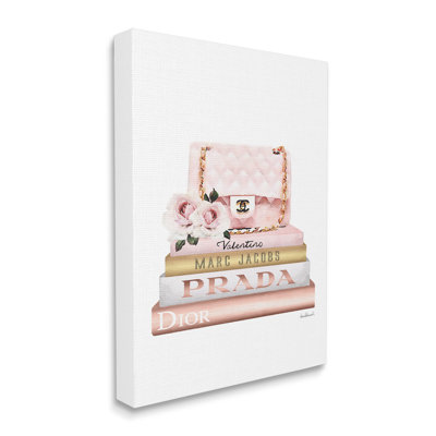 Pink Purse Gold Bookstack Glam Fashion Watercolor Design Oversized Stretched Canvas Wall Art by Amanda Greenwood