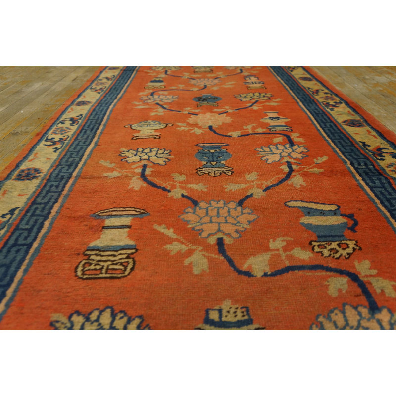 Rustic Coral Color Antique Long and Narrow Chinese Kansu Hallway Runner Rug