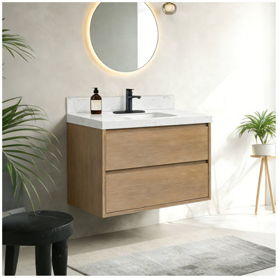 Meuble-lavabo mural 36 po avec armoires et tiroirs flottants, pierre d'ingénierie avec évier, chêne naturel