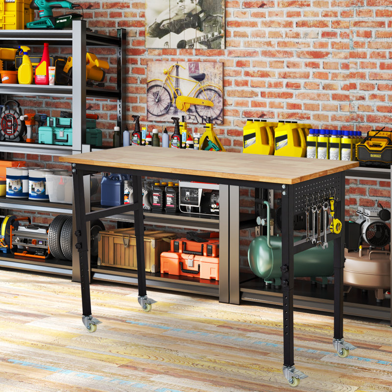 Height Adjustable Workbench,48" Rolling Work Tables with 4 Lockable Casters, Oak Wood Work Bench for Garage, Workshop, Office