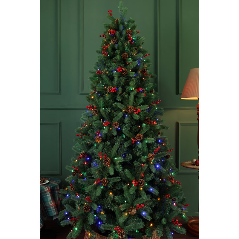 Pre-Lit Christmas Tree, 1220 Pe+Pvc Branch Tips, 450 Multicolor Led Lights-9 Chasing Modes, Xmas Tree With 72 Berries And 72 Pine Cones