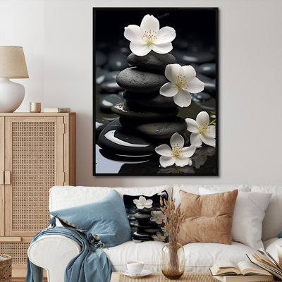 Zen Serenity White Flowers Black Stone Cairn