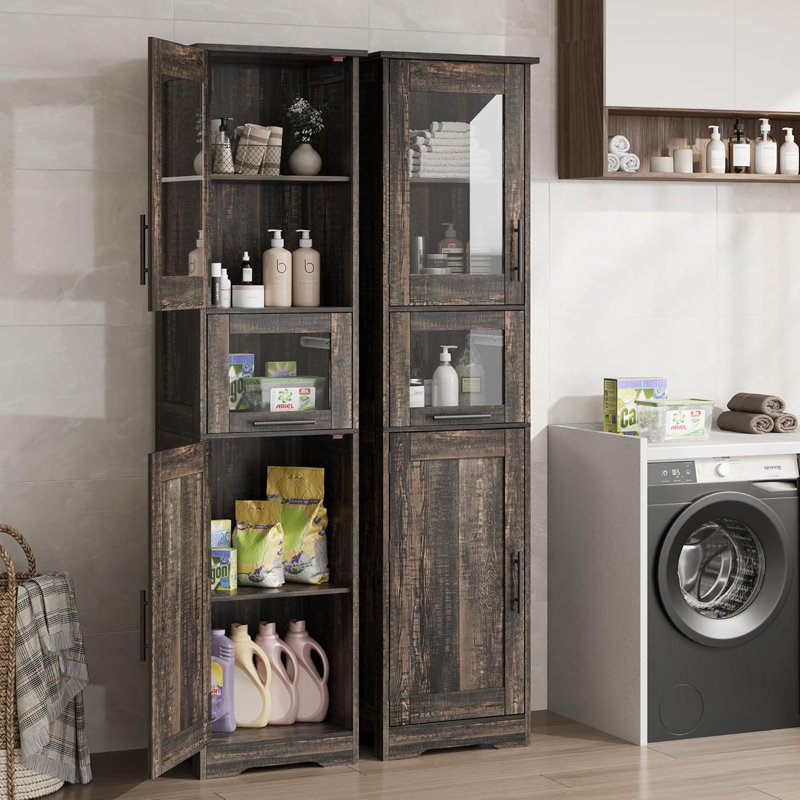 Armoire de cuisine de 67 po de hauteur, armoire de salle de bain avec portes en verre et tablette réglable, Brun rustique