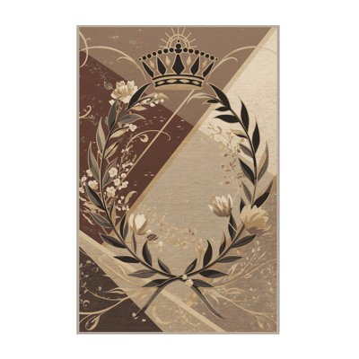 Machine Washable Medford Laurel Wreath Champion Symbol Classic Floral Rug in Brown – Beige Binding