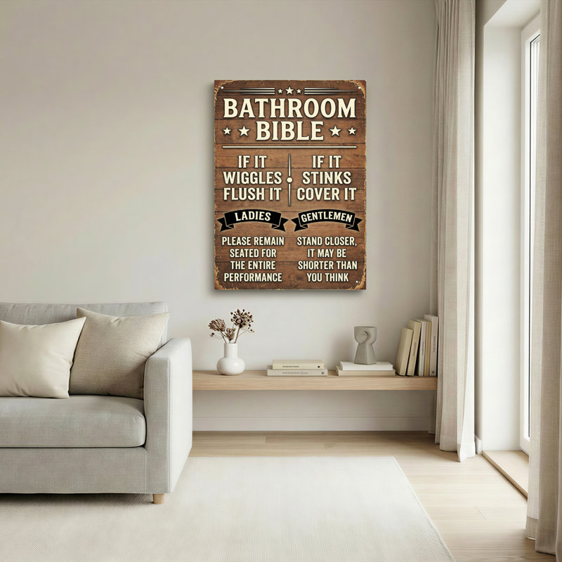 Salle de bain bible humour sur toile tendue, impression de style planche de bois pour le décor des toilettes