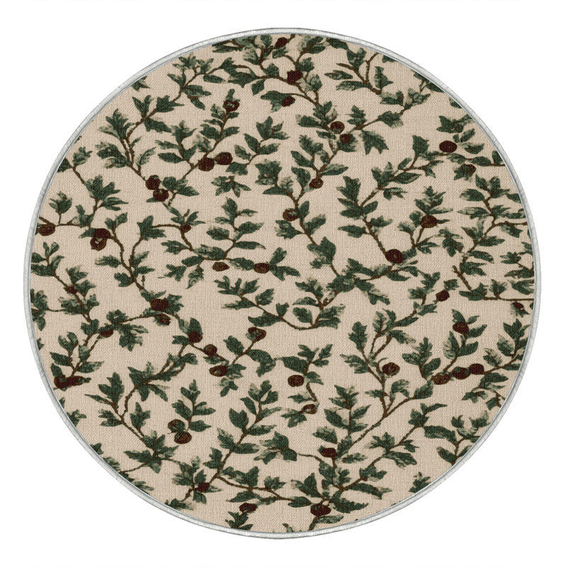 Tapis botanique beige lavable à la machine, Rond 7 pi