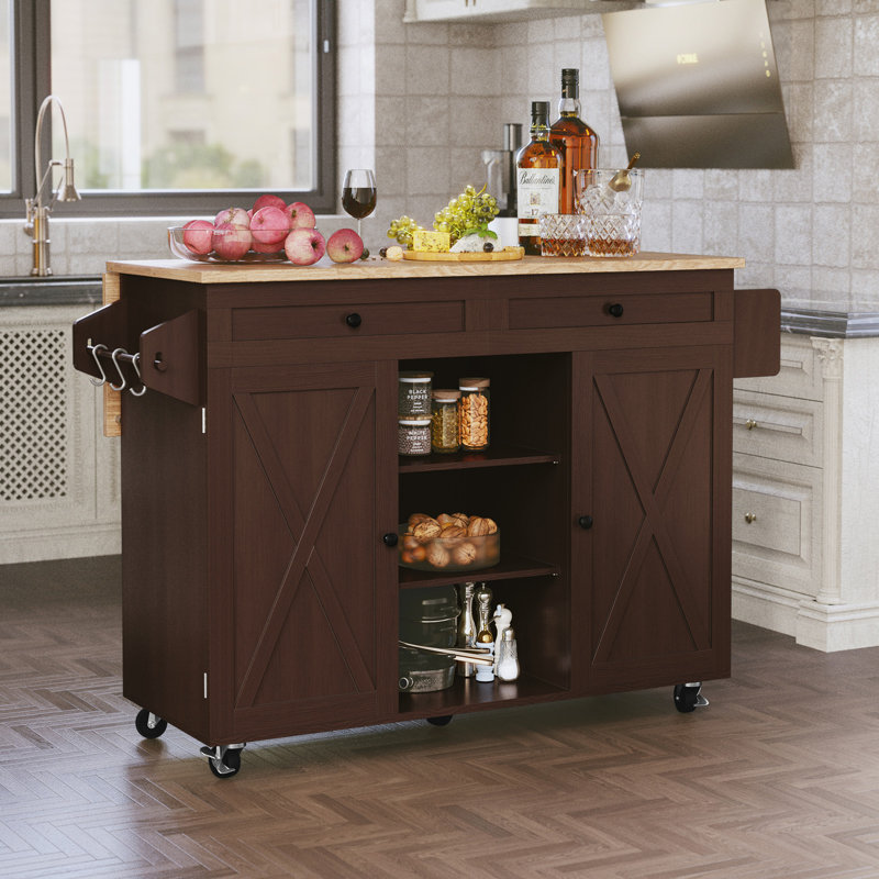 Îlot de cuisine de style campagnard de 131 cm avec abattant rabattable, meuble de rangement mobile avec tiroirs, étagère à épices et porte-serviettes pour la cuisine