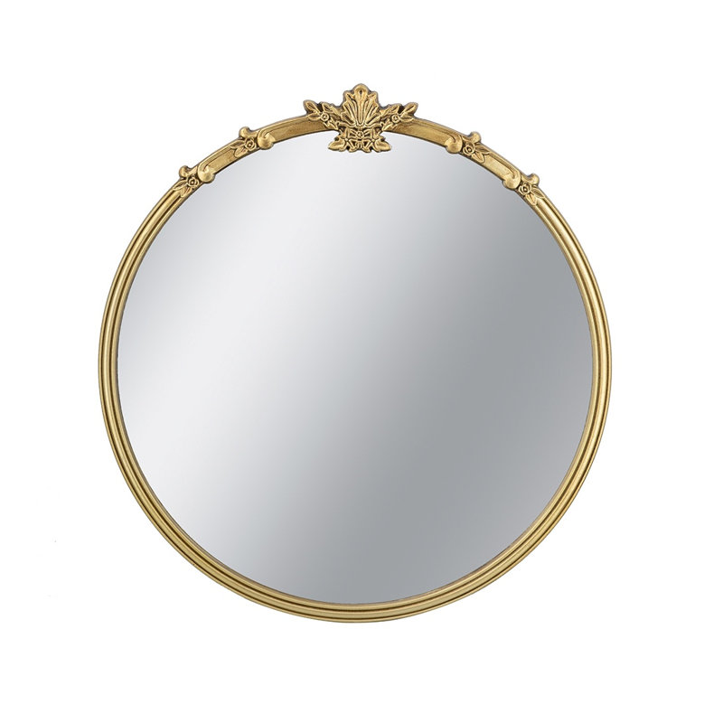 30x31 Inch Round Wall Mirror with Gold Finish and Decorative Leaf Crest, Rococo Inspired MDF Frame