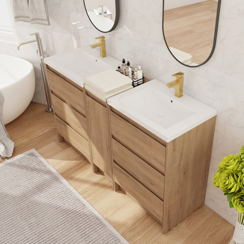Meuble-lavabo autoportant double 60 po avec lavabo en résine 60 po et 1 porte, 6 tiroirs, 1 tablette réglable