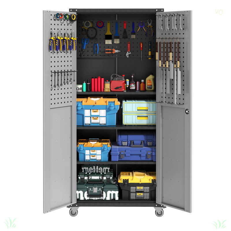 71" Metal Garage Storage Cabinet With Wheels - Heavy-Duty Tool Storage Cabinet For Home, Office, School, And Garage Organization, Black/Gray