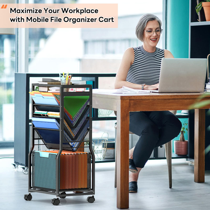 8 Tier Rolling File Cart With Hanging File Folder Organizer, Mobile File Organizer With 2 Sides Access Bookcase, Beside/Under Desk Cart With Wheels