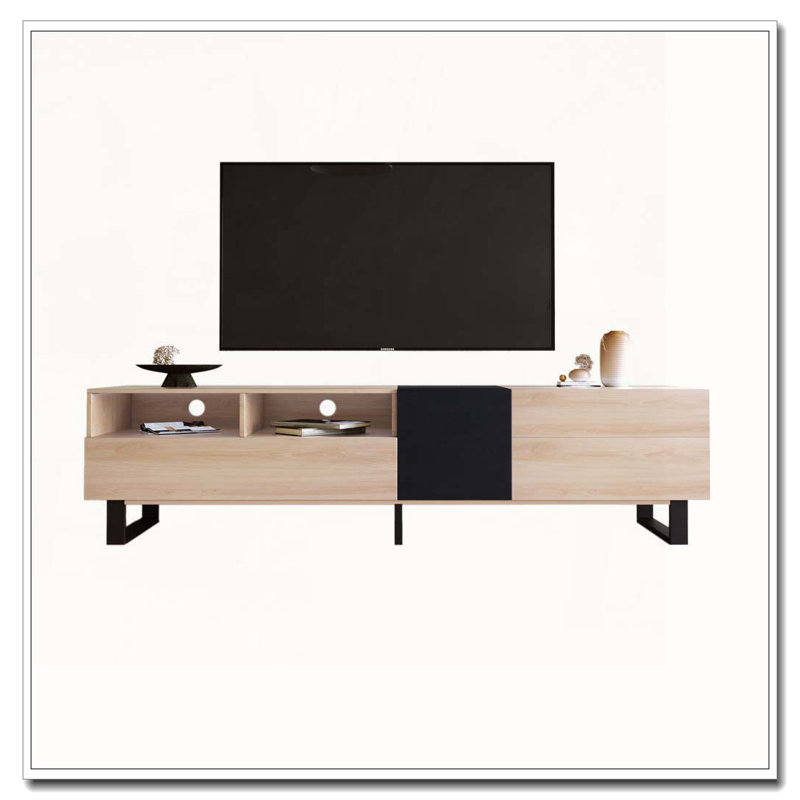 Meuble télé pour téléviseur de 80 po avec double espace de rangement et console multimédia, Naturel/noir