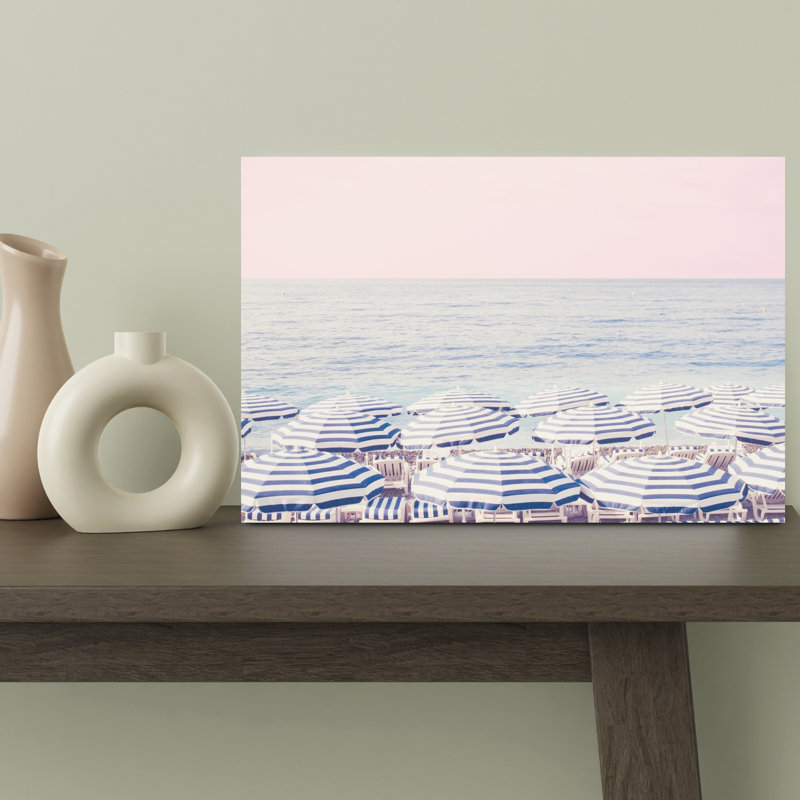 Pink Sky Beach Umbrellas Peaceful Retro Serene Coastal Wall Art Print 1 Piece Wrapped Canvas Wall Art, 30.48cm H x 45.72cm W