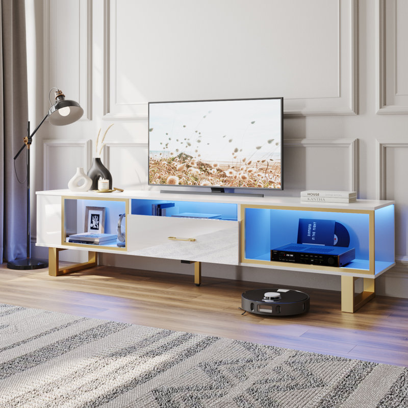 Martee 70" Led TV Stand for 75/80 inch TV, Glossy Media Console with Half-Glass Drawer, White Glossy