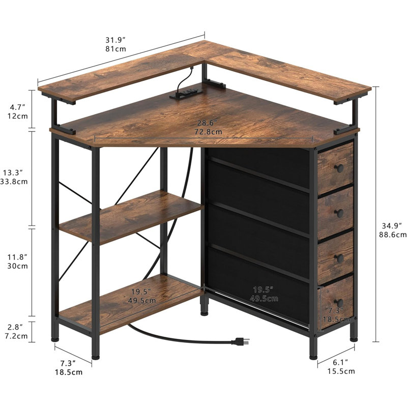 Brown 90-Degree Triangle Corner Desk: Small Space Desk With Drawers, Shelves, Power Outlets, LED Lights & Monitor Stand For Home Office/Gaming