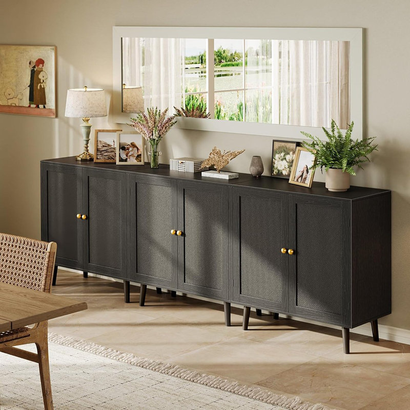 Buffet avec portes en rotin PE, noir