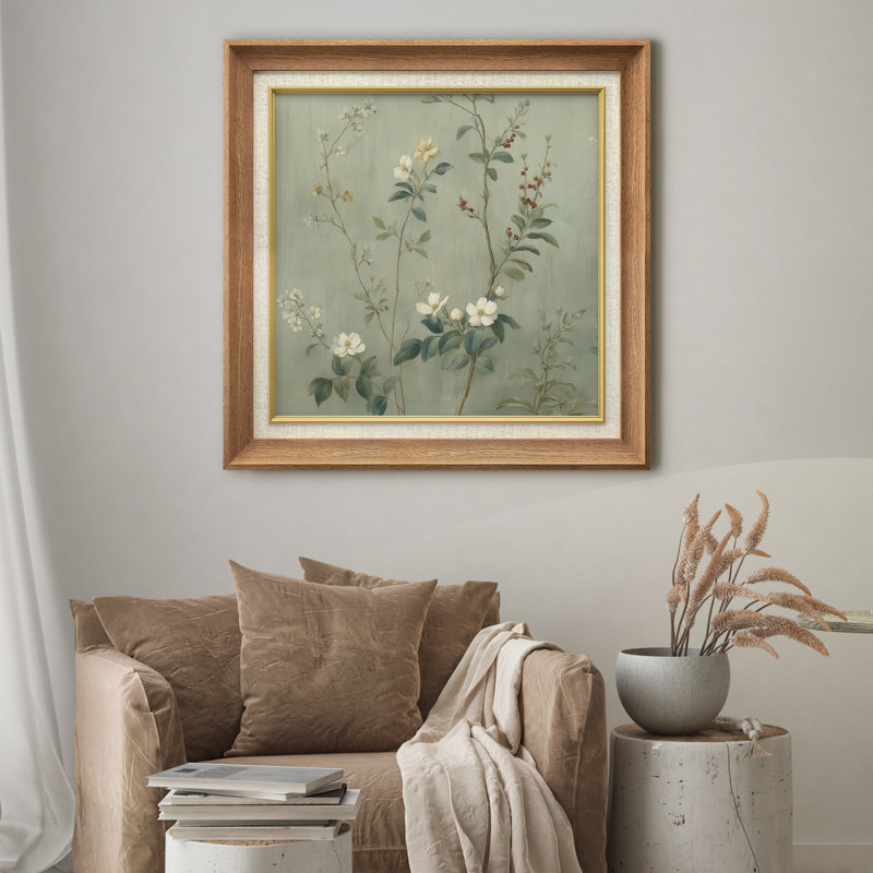 Doux floral vert et branches de baies - impression encadrée sur papier, Cadre naturel de qualité supérieure
