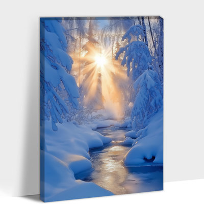 Grand paysage d'hiver sur toile, art ensoleillé, ruisseau enneigé, impressions sur toile, fenêtre de Noël, impressions sur pin, photo de nature moderne, affiche, décoration murale, 20 po x 30 po