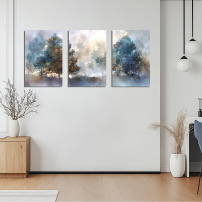 Misty Forest Trees Watercolor Style Canvas Wrapped Wall Art Oil Painting Print Set Of 3 For Living Room Bedroom Home Decor
