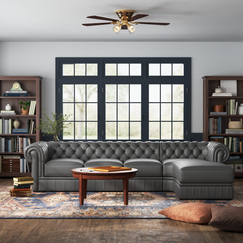 Apollus Chesterfield Sectional L-shaped Sofa, Top Leather Couch Modern, Right Hand Facing,, Right Hand Facing