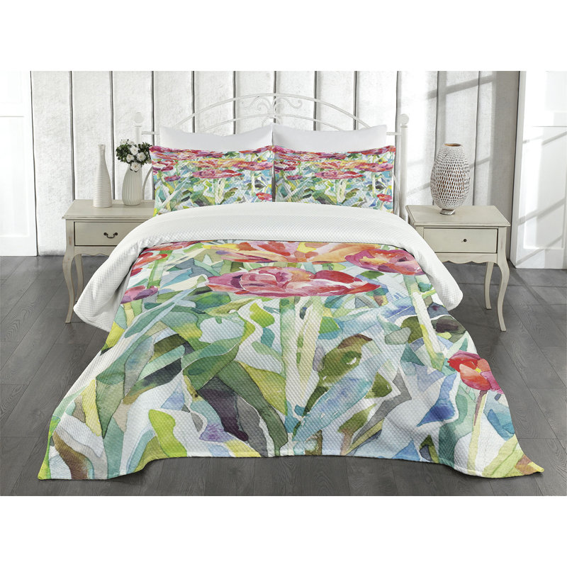 Colorful Floral Polyester Queen Bedspread Set with Pillow Shams