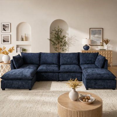 Comfy Cloud Couch Sectional  4 Seat Sofa With 2 Ottoman, Chenille Sofa Sleeper Deep Seat Sofa With Throw Pillows For Living Room(Blue)