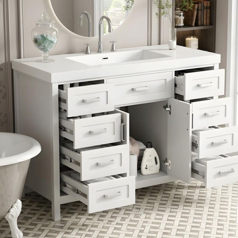 Meuble-lavabo de 48 po avec lavabo en céramique, 8 tiroirs et portes à fermeture en douceur, Blanc