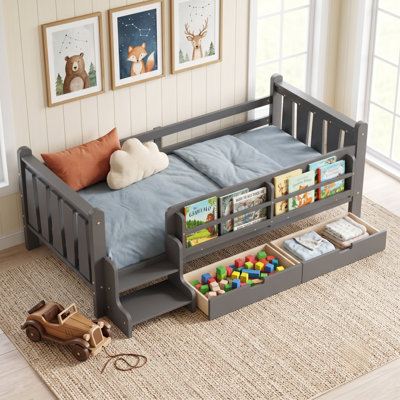 Lit d'enfant en bois massif avec bibliothèques de rangement et tiroirs, lit pour tout-petit avec escalier et garde-corps Montessori