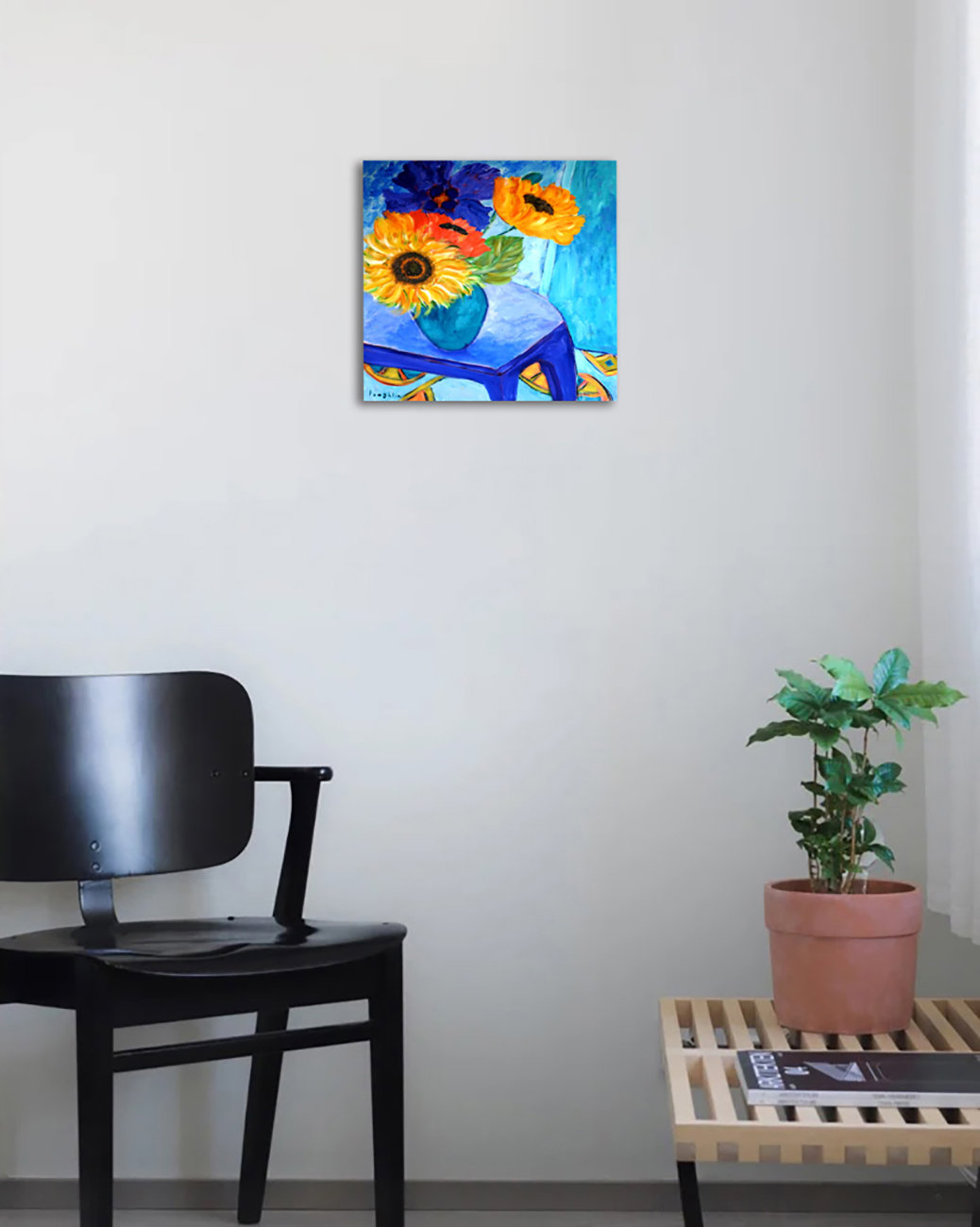 Buy Art for Less 'Sunflowers on A Blue Table' by Brendan Loughlin Print of Painting on Wrapped Canvas