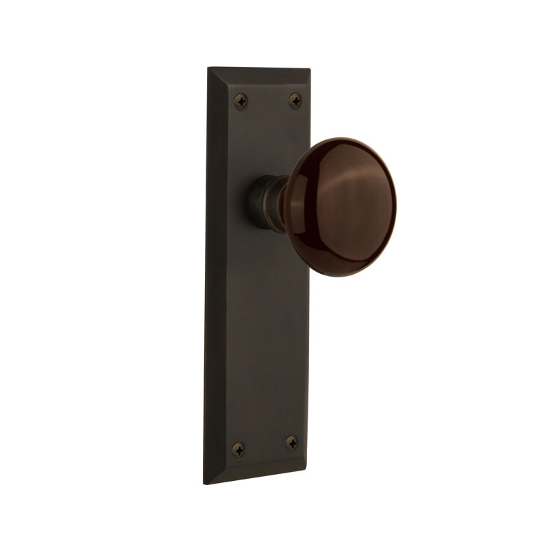 New York Plate with Brown Porcelain Door Knob, Oil-Rubbed Bronze