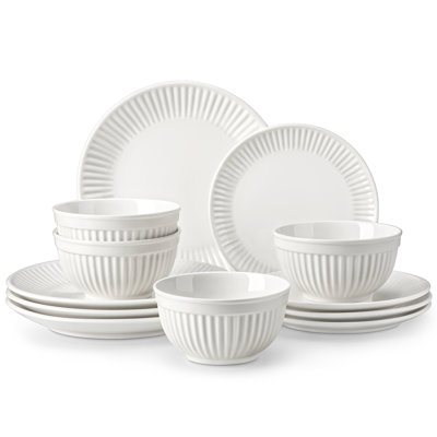 12 Pieces Dinnerware, Round Plate, Dinner Plate, Dessert Plate And Bowl, Serve For 4 Person, White Porcelain, Ceramic Dinnerware