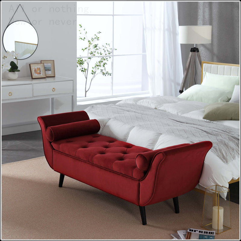 Repose-pieds rembourré en velours de style rétro avec banc 65 po Vintage, Rouge, Noir