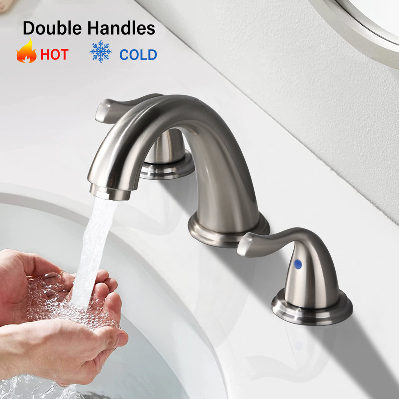 Bathroom Sink Faucet 8-Inch Brushed Nickel - 3 Holes 2 Handles, Solid Brass, Corrosion Resistance, Smooth Flow Aerator Handles In Hole Mount, Rust And , Water