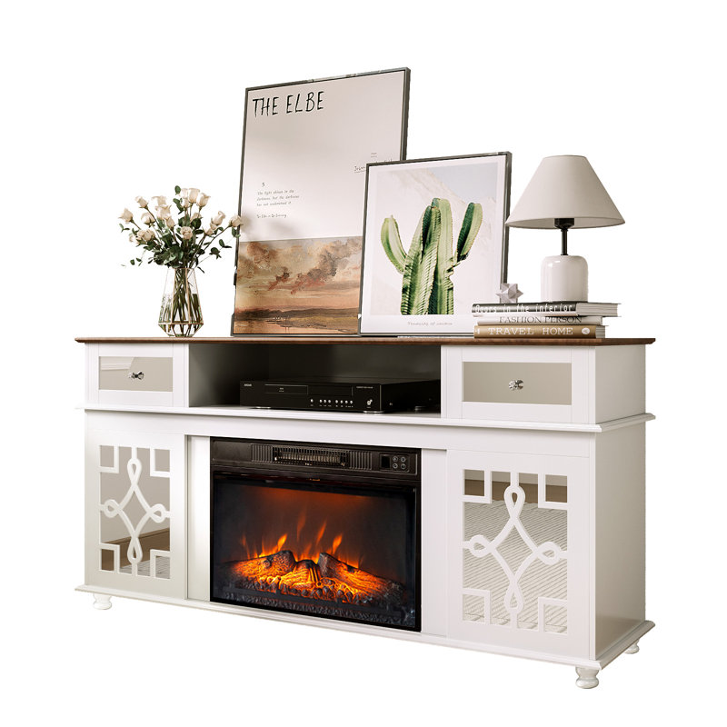 Meuble télé blanc avec porte coulissante et miroir pour téléviseur de 70 po ou moins