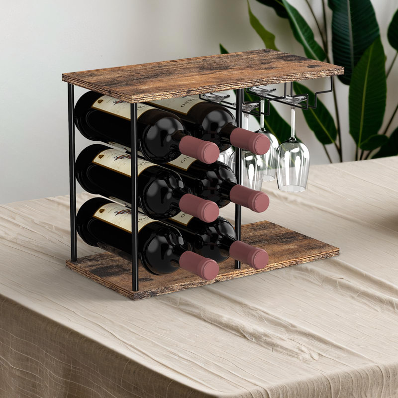 6 Bottle Tabletop Wine Bottle & Glass Rack Brown