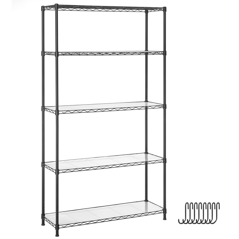Étagères de rangement en métal à 5 niveaux, étagère en fil de cuisine, support de rangement avec tablettes réglables, doublures de tablettes, 8 crochets, pour le garage, 30 x 90 x 160 cm, noir