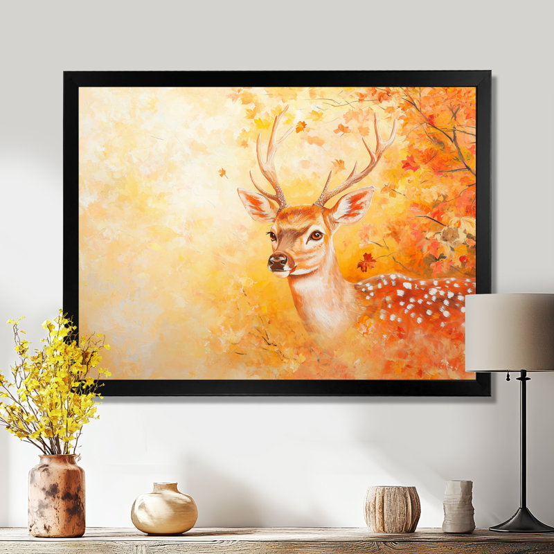 Cerf dans un feuillage d'automne - art mural cerf, Reproduction encadrée d'une seule photo sans pass, Noir, H 12 po x l 20 po